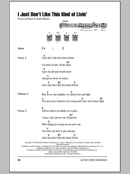 Hank Williams I Just Don't Like This Kind Of Livin' sheet music notes and chords arranged for Guitar Chords/Lyrics