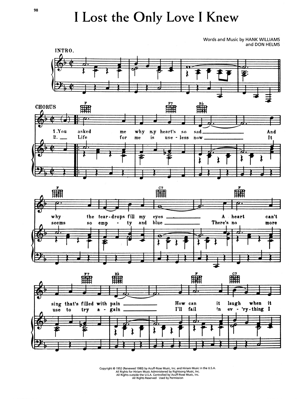 Hank Williams I Lost The Only Love I Knew sheet music notes and chords arranged for Piano, Vocal & Guitar Chords (Right-Hand Melody)