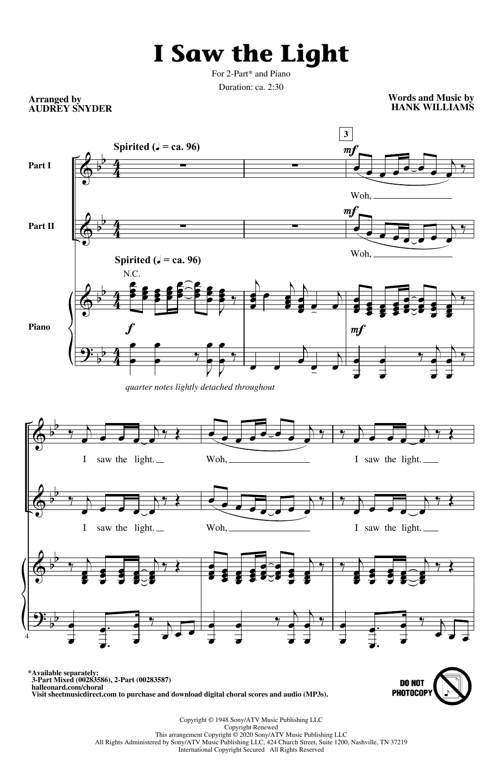 Hank Williams I Saw The Light (arr. Audrey Snyder) sheet music notes and chords arranged for 3-Part Mixed Choir