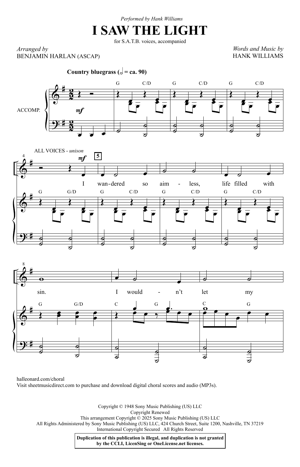 Hank Williams I Saw The Light (arr. Benjamin Harlan) sheet music notes and chords arranged for SATB Choir