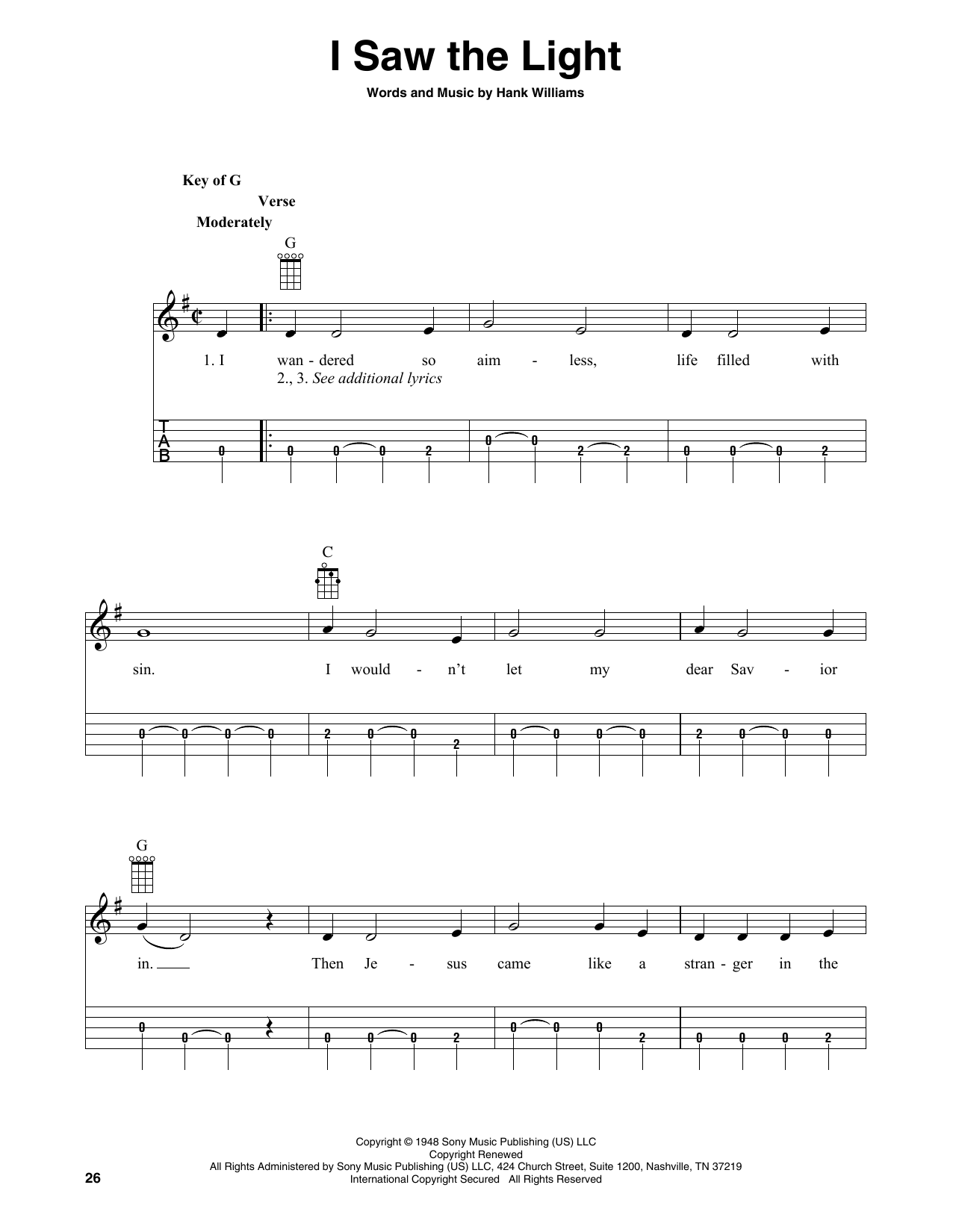 Hank Williams I Saw The Light (arr. Fred Sokolow) sheet music notes and chords arranged for Banjo Tab