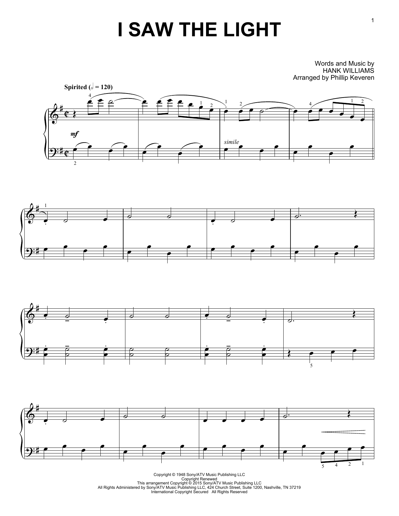 Hank Williams I Saw The Light (arr. Phillip Keveren) sheet music notes and chords arranged for Piano Solo
