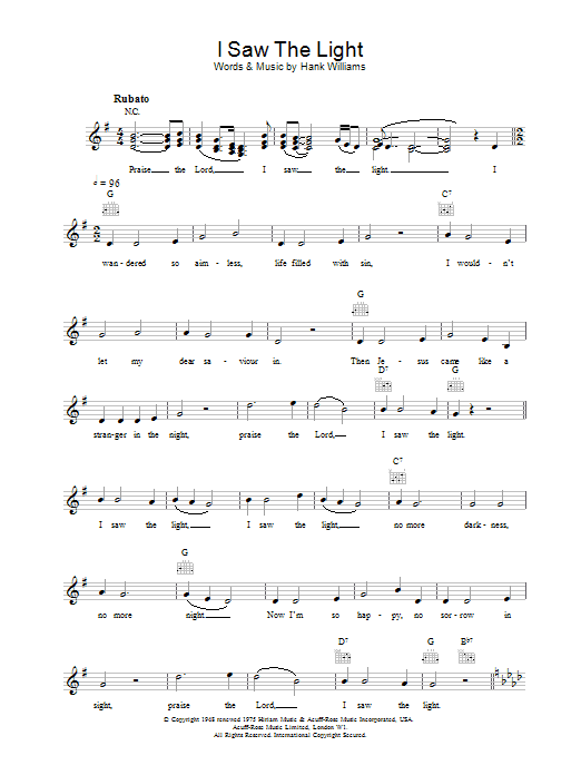 Hank Williams I Saw The Light sheet music notes and chords arranged for Super Easy Piano