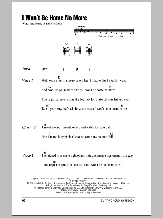 Hank Williams I Won't Be Home No More sheet music notes and chords arranged for Guitar Chords/Lyrics