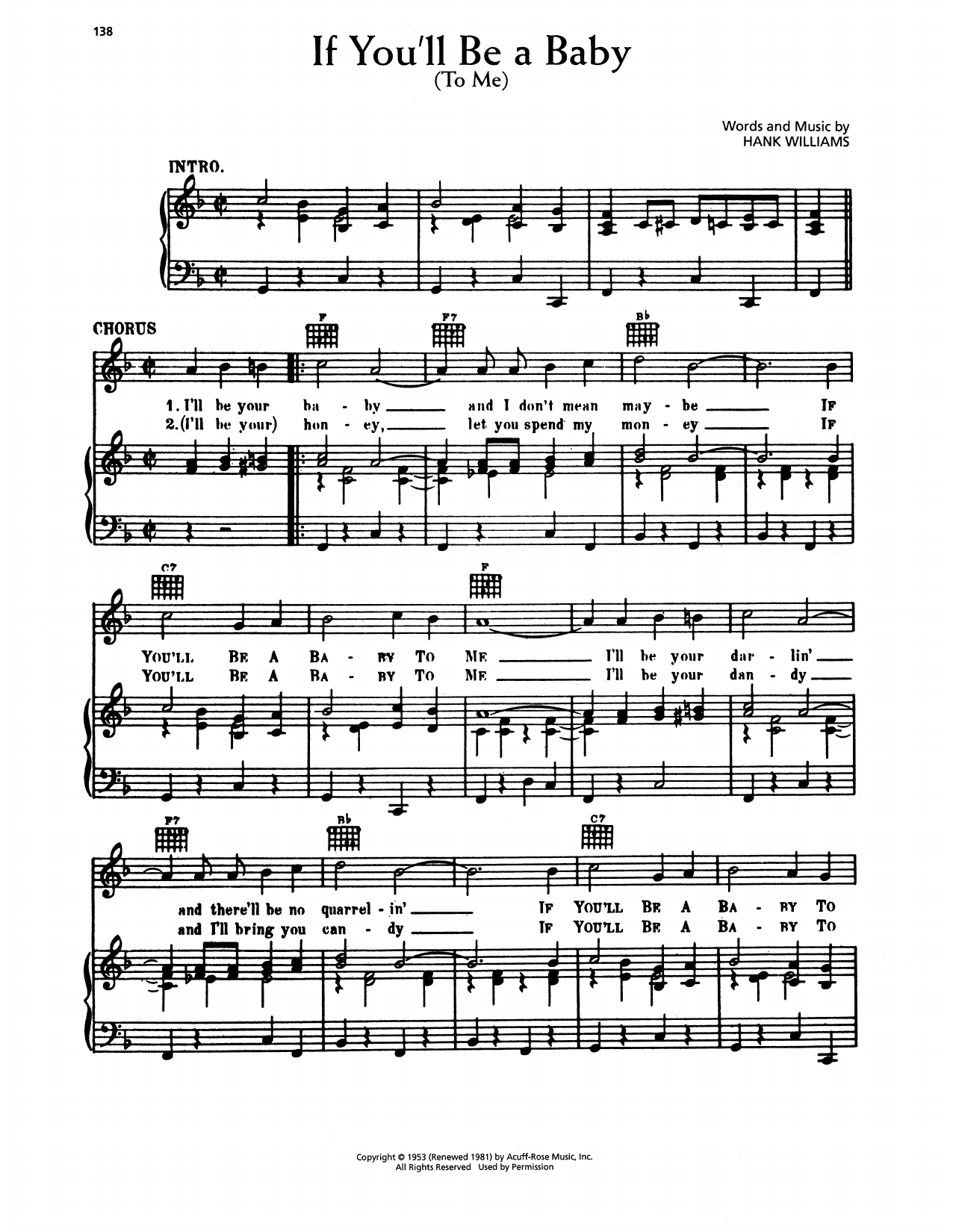 Hank Williams If You'll Be A Baby (To Me) sheet music notes and chords arranged for Piano, Vocal & Guitar Chords (Right-Hand Melody)