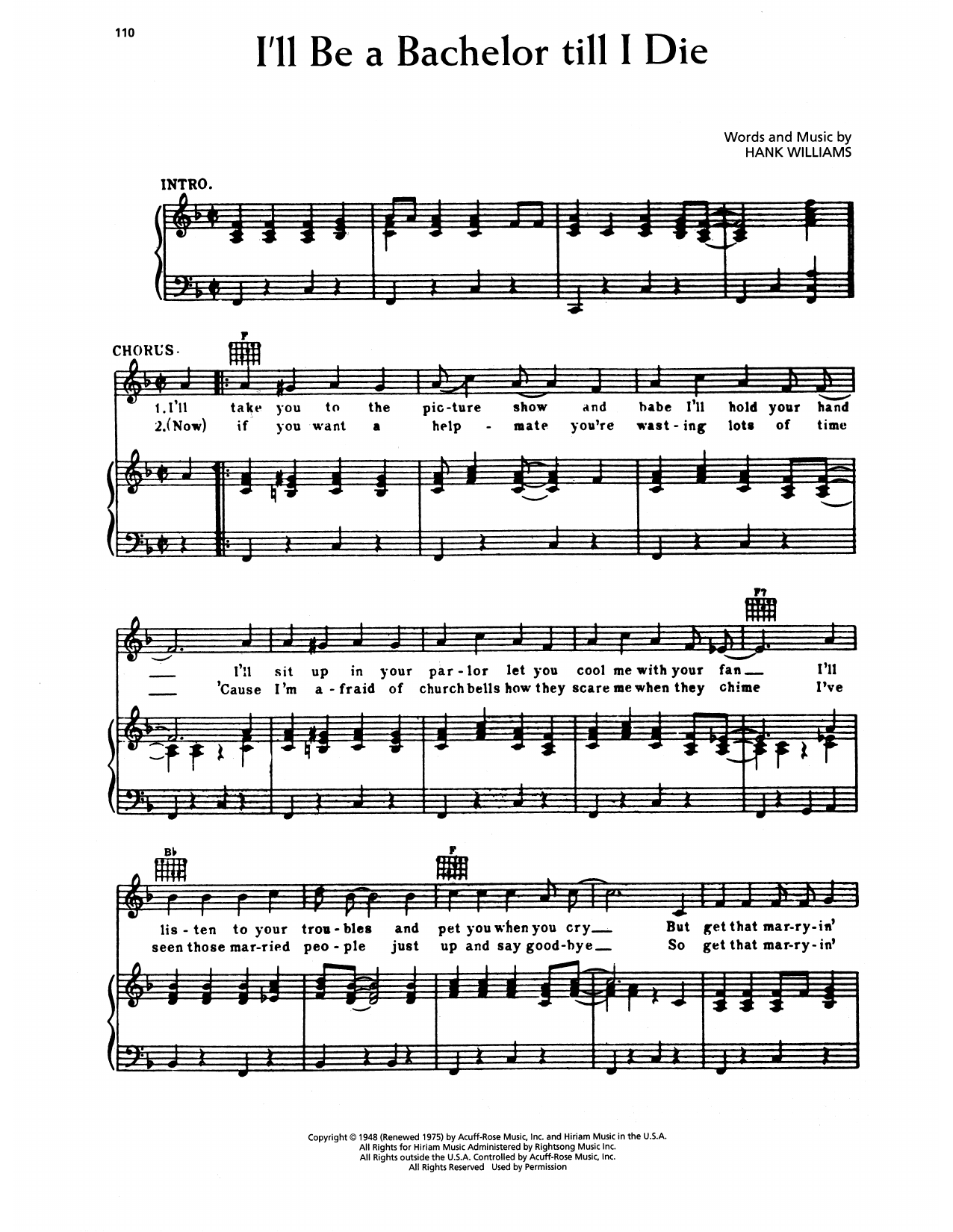 Hank Williams I'll Be A Bachelor Till I Die sheet music notes and chords arranged for Piano, Vocal & Guitar Chords (Right-Hand Melody)