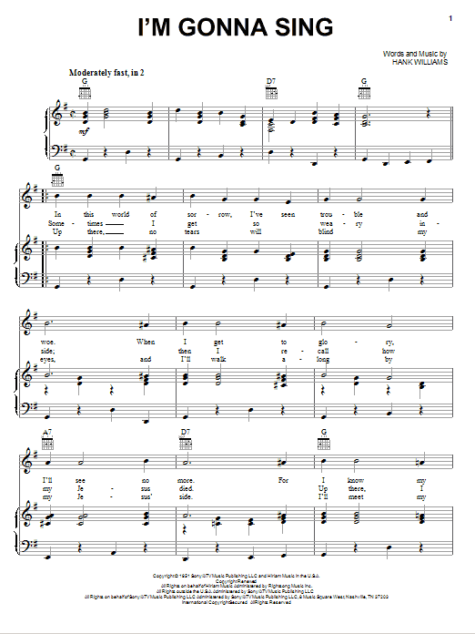 Hank Williams I'm Gonna Sing sheet music notes and chords arranged for Piano, Vocal & Guitar Chords (Right-Hand Melody)