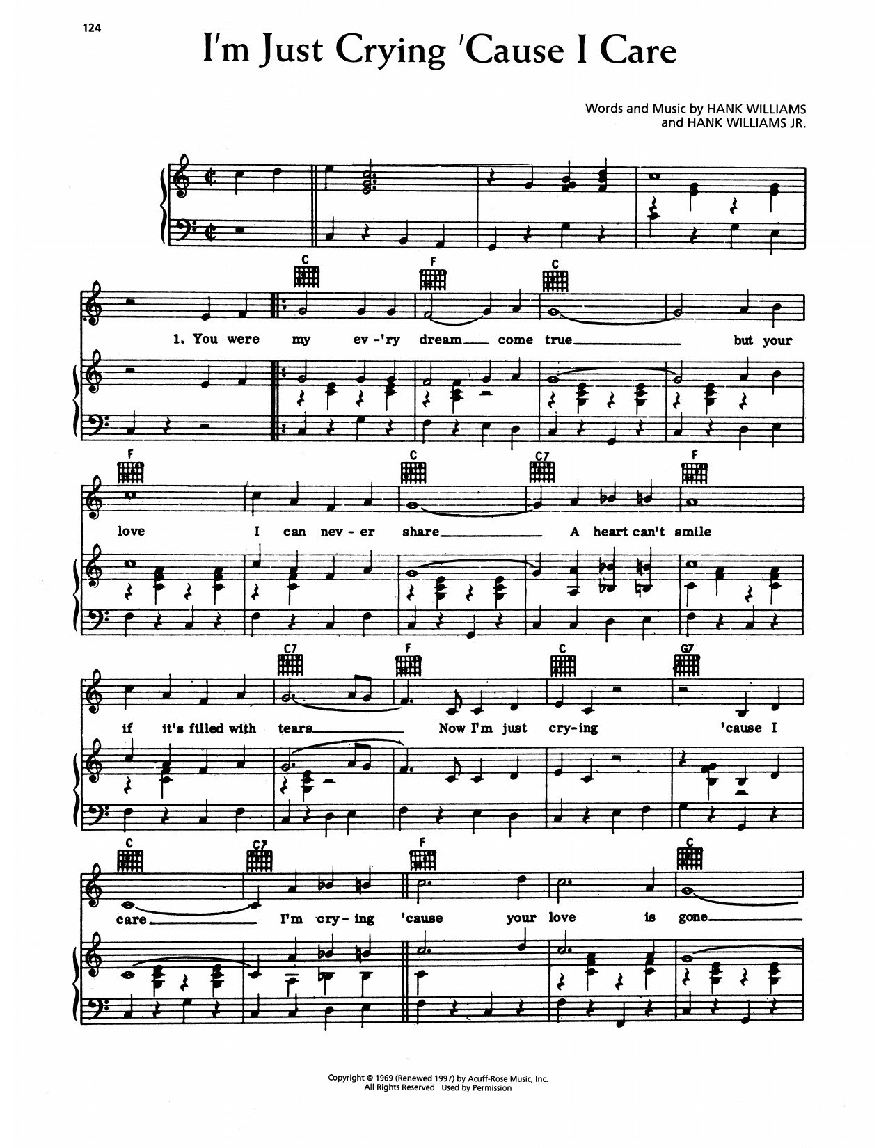 Hank Williams I'm Just Crying 'Cause I Care sheet music notes and chords arranged for Piano, Vocal & Guitar Chords (Right-Hand Melody)