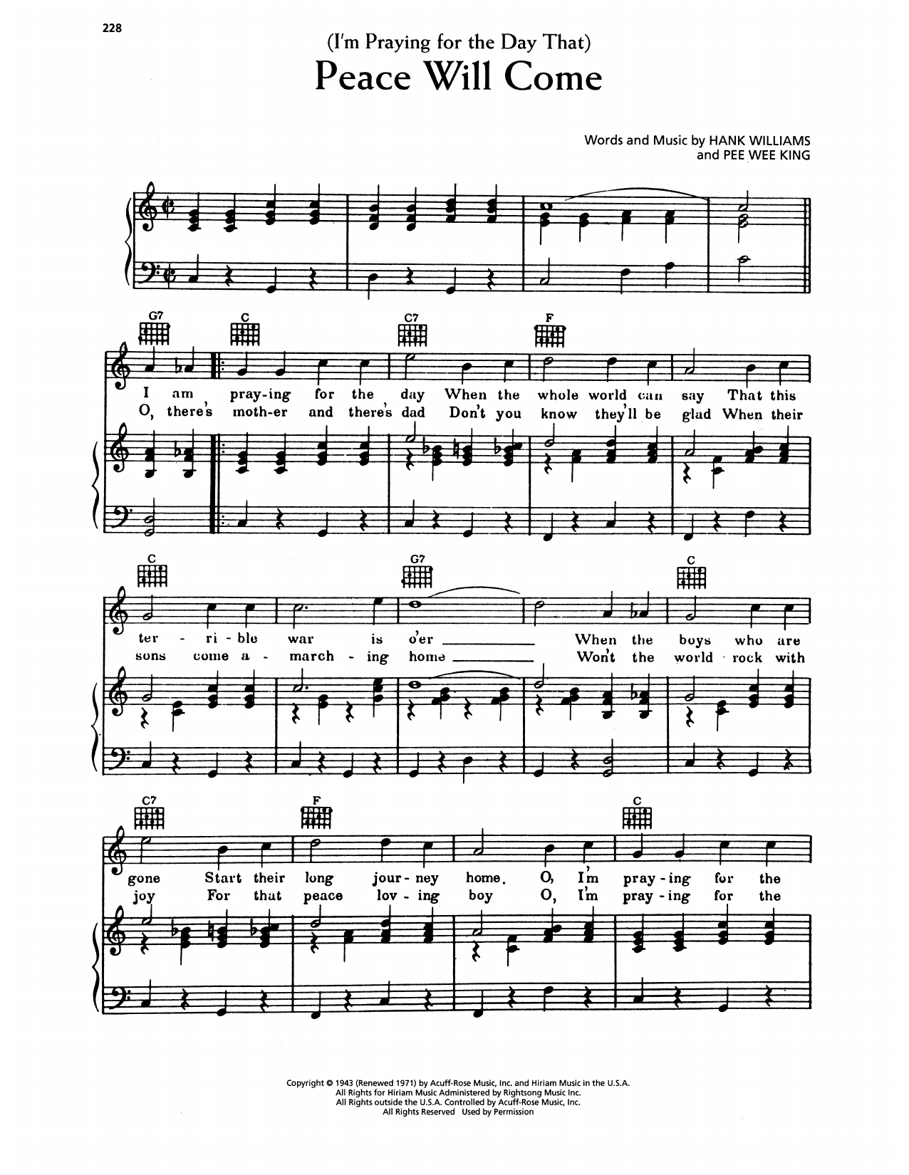 Hank Williams (I'm Praying For The Day That) Peace Will Come sheet music notes and chords arranged for Piano, Vocal & Guitar Chords (Right-Hand Melody)