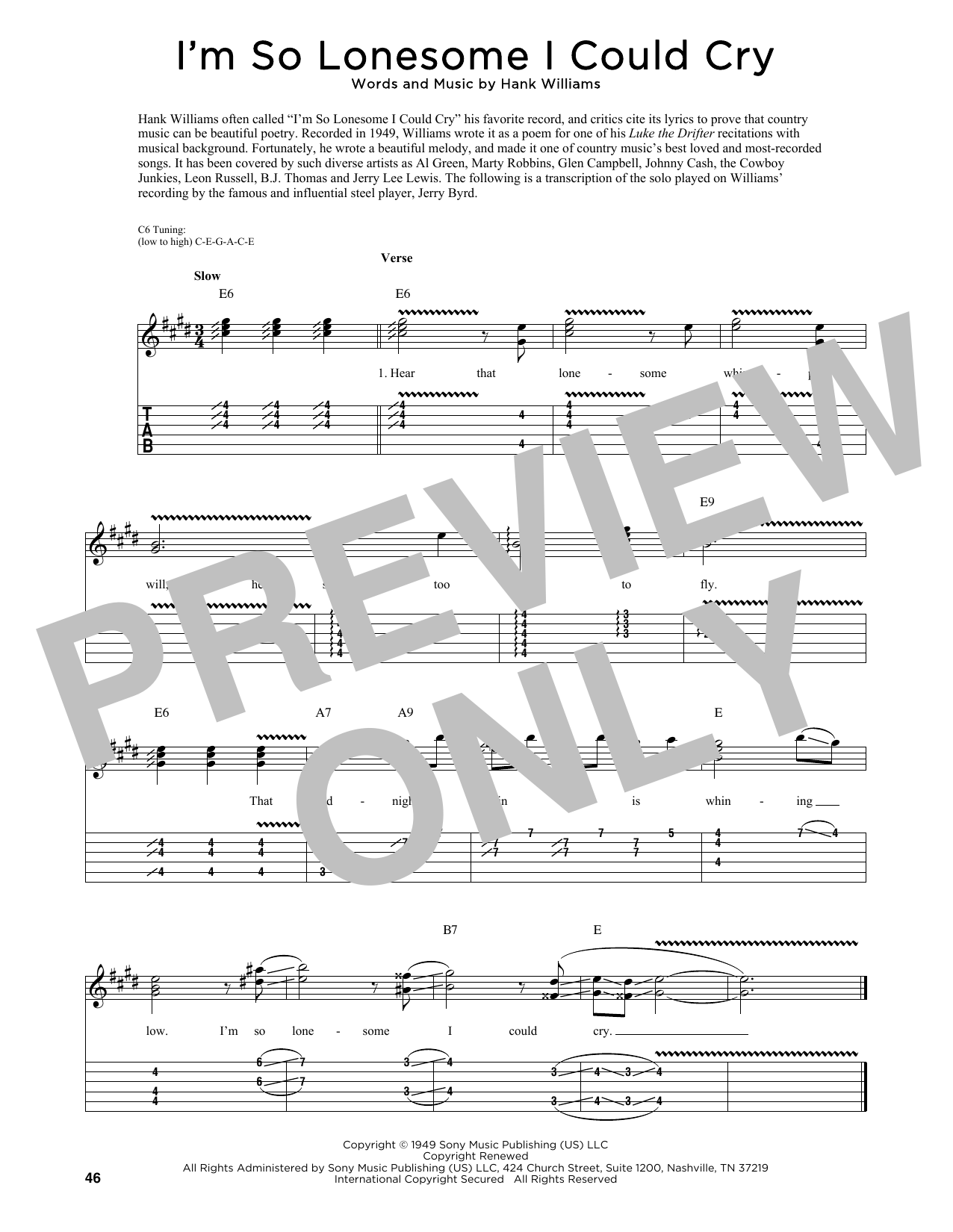 Hank Williams I'm So Lonesome I Could Cry (arr. Fred Sokolow) sheet music notes and chords arranged for Guitar Tab