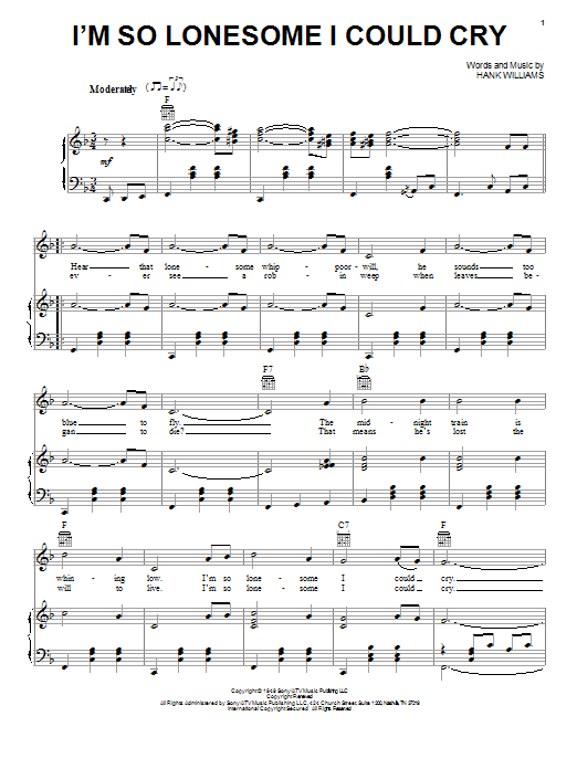 Hank Williams I'm So Lonesome I Could Cry sheet music notes and chords arranged for Super Easy Piano