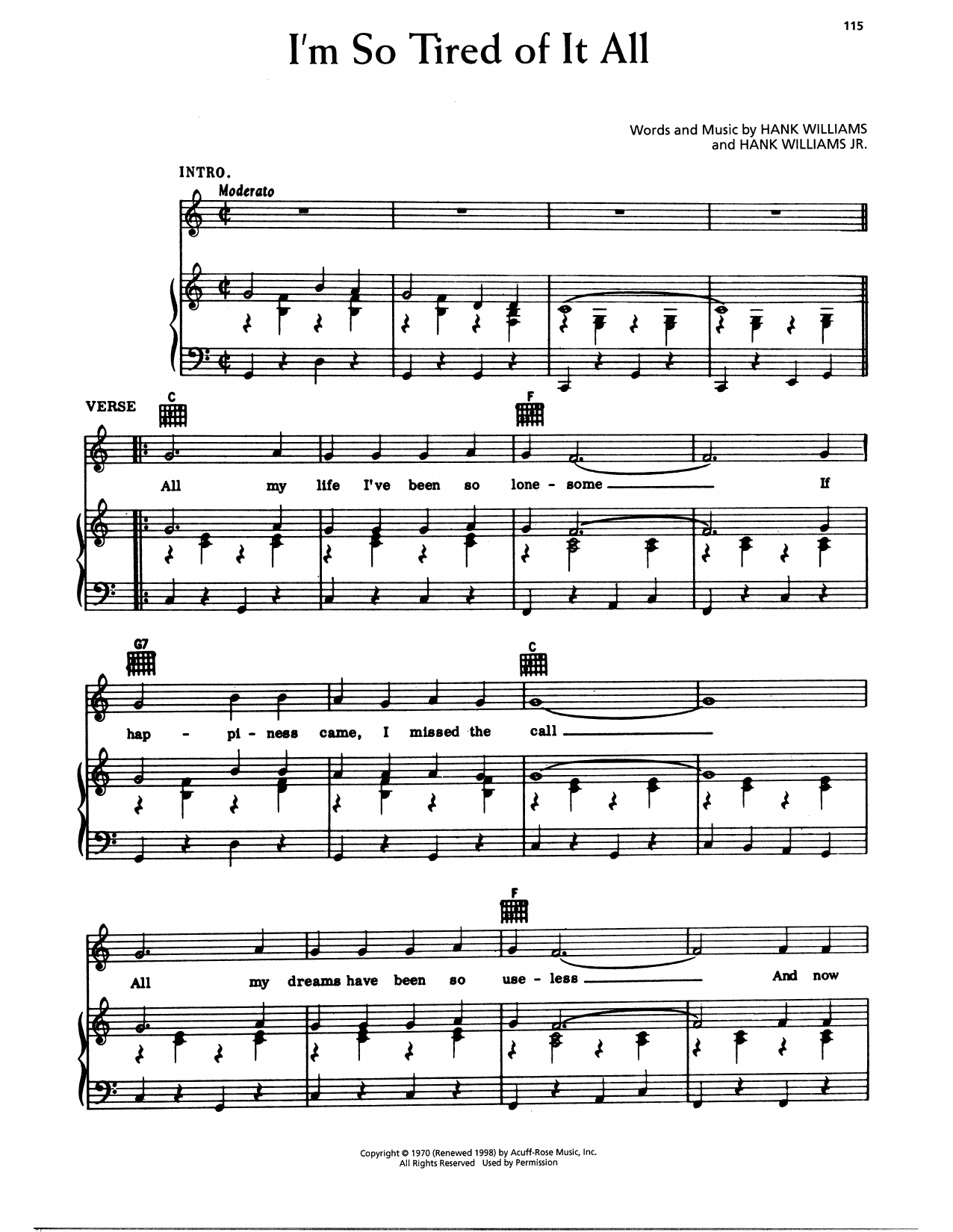 Hank Williams I'm So Tired Of It All sheet music notes and chords arranged for Piano, Vocal & Guitar Chords (Right-Hand Melody)