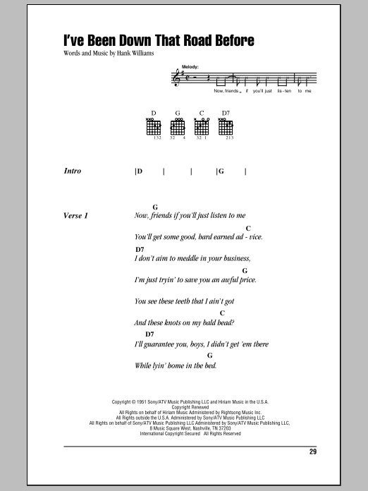 Hank Williams I've Been Down That Road Before sheet music notes and chords arranged for Piano, Vocal & Guitar Chords (Right-Hand Melody)