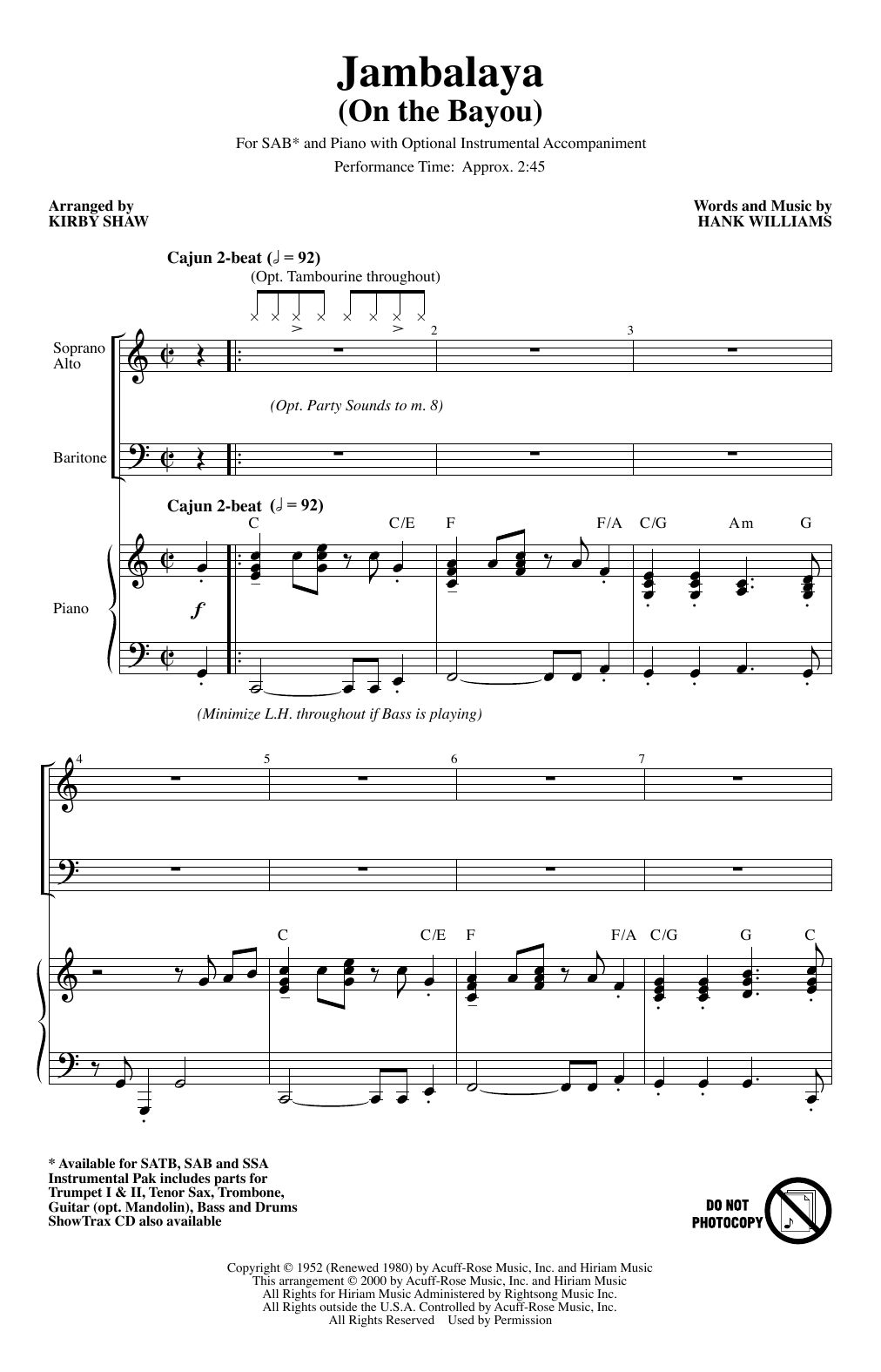 Hank Williams Jambalaya (On The Bayou) (arr. Kirby Shaw) sheet music notes and chords arranged for SSA Choir