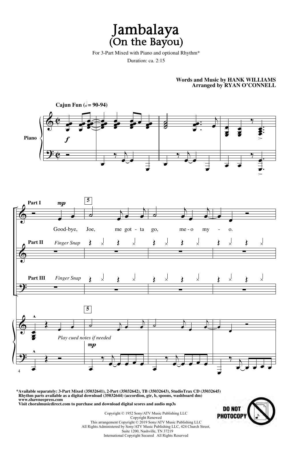Hank Williams Jambalaya (On The Bayou) (arr. Ryan O'Connell) sheet music notes and chords arranged for 3-Part Mixed Choir