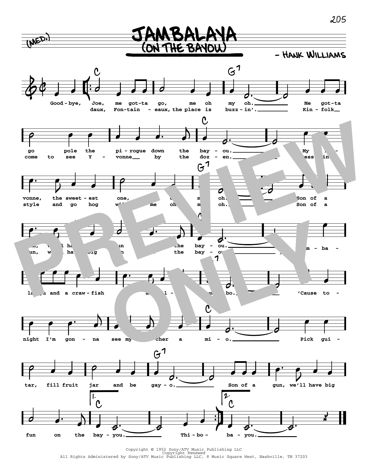 Hank Williams Jambalaya (On The Bayou) (High Voice) sheet music notes and chords arranged for Real Book – Melody, Lyrics & Chords