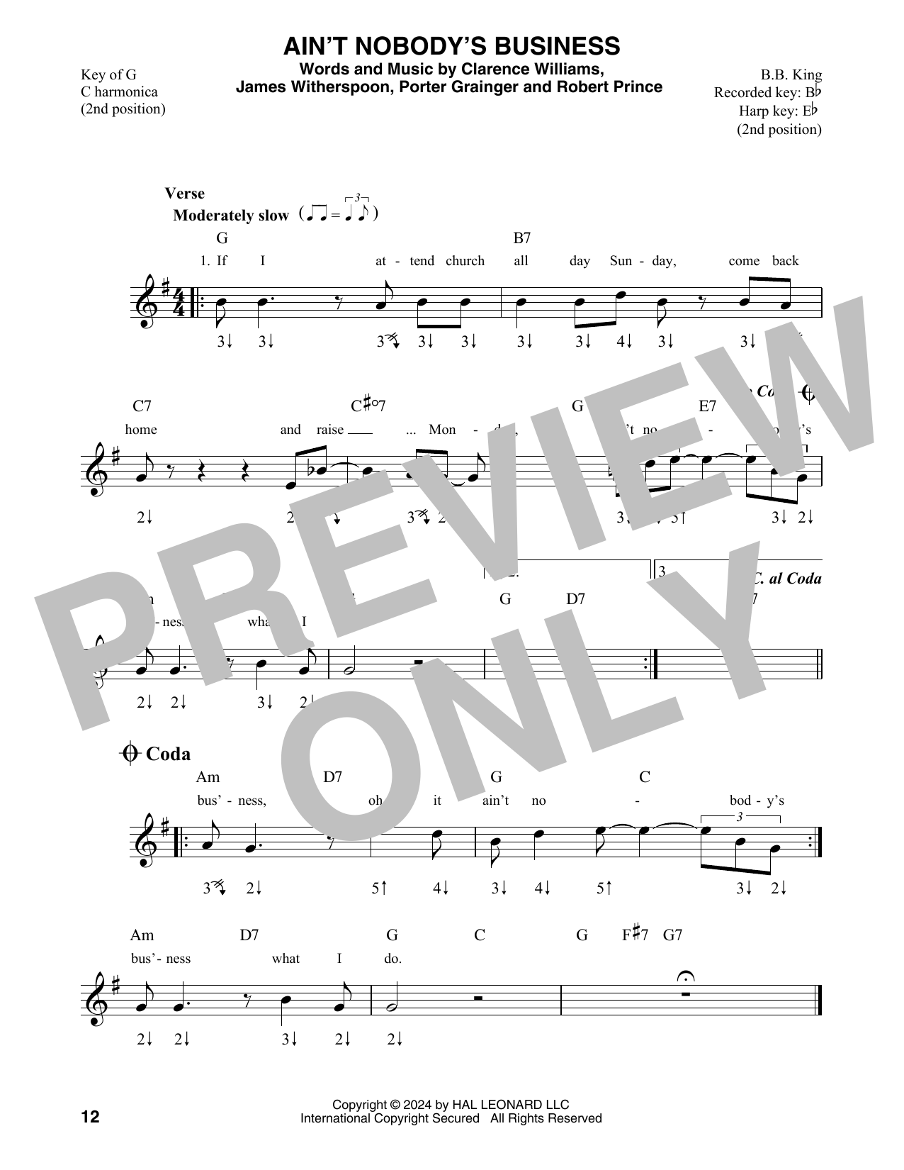 Hank Williams Jr. Ain't Nobody's Business sheet music notes and chords arranged for Harmonica