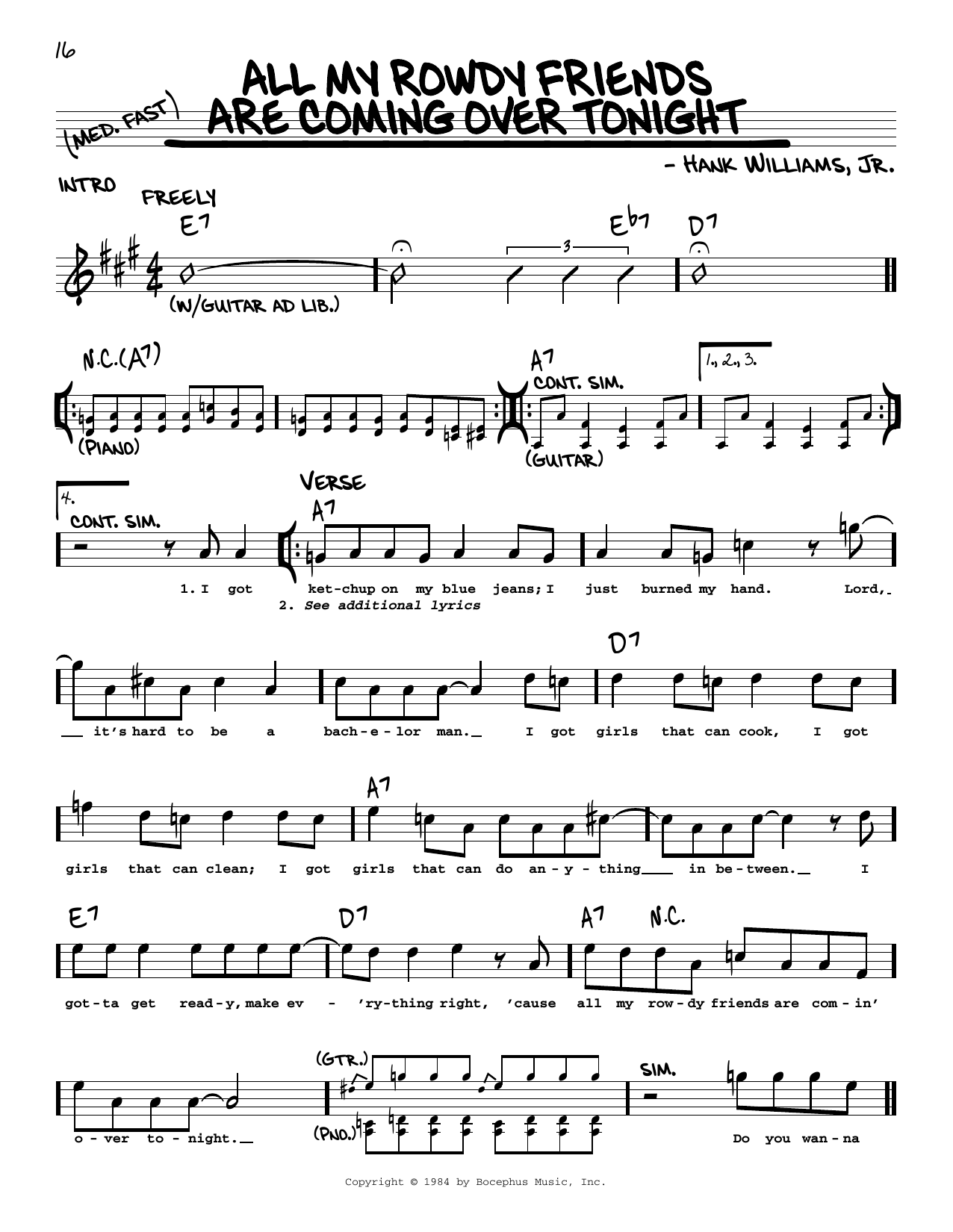 Hank Williams, Jr. All My Rowdy Friends Are Coming Over Tonight sheet music notes and chords arranged for Real Book – Melody, Lyrics & Chords