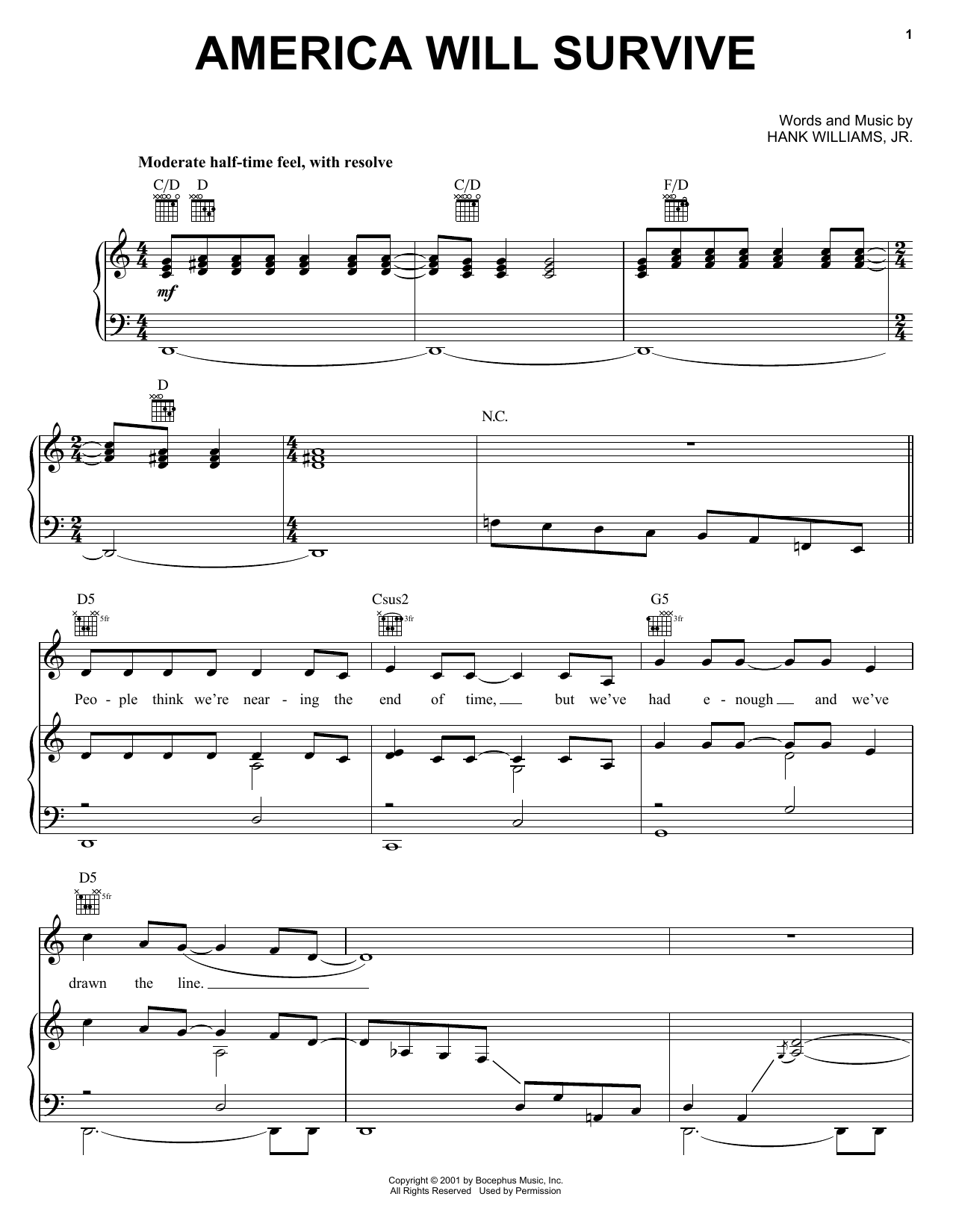 Hank Williams, Jr. America Will Survive sheet music notes and chords arranged for Piano, Vocal & Guitar Chords (Right-Hand Melody)