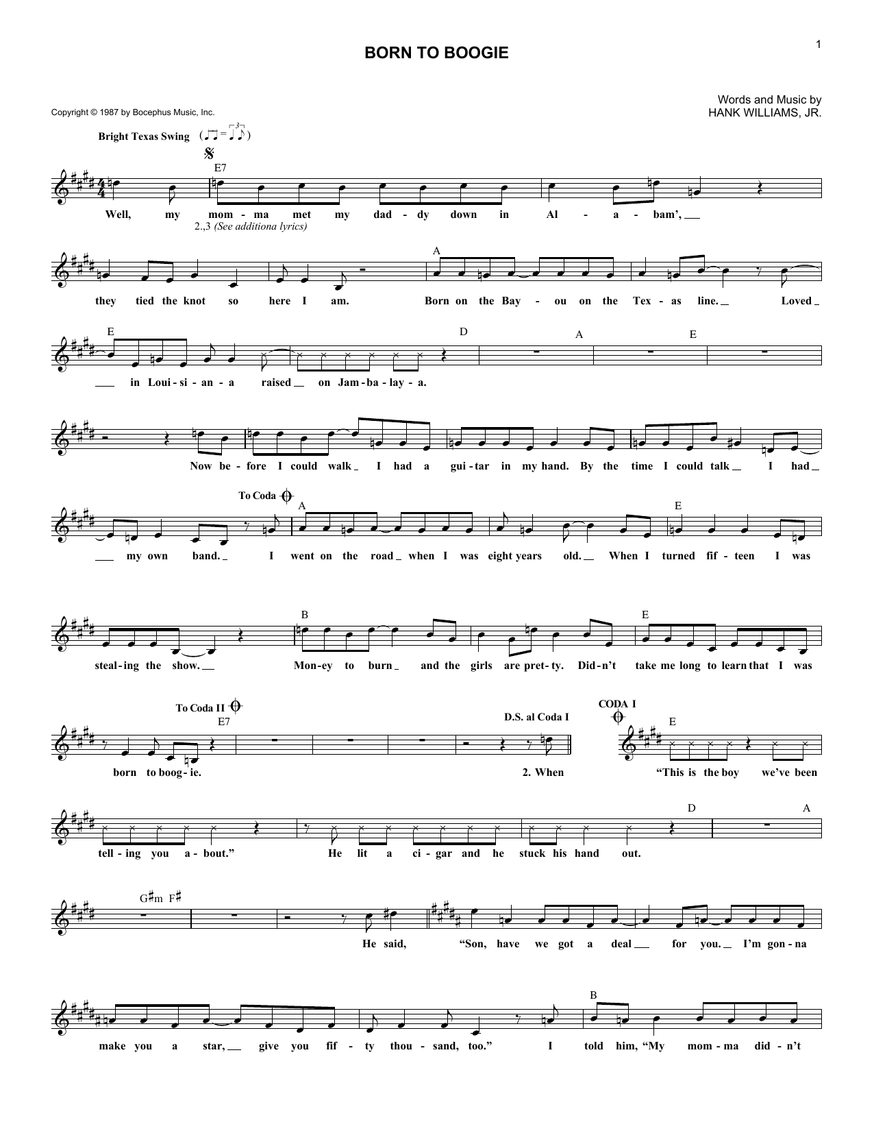 Hank Williams, Jr. Born To Boogie sheet music notes and chords arranged for Lead Sheet / Fake Book