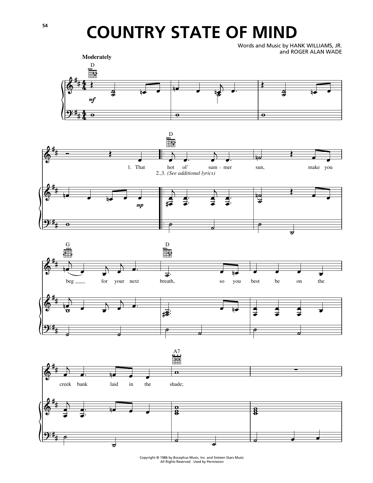 Hank Williams Jr. Country State Of Mind sheet music notes and chords arranged for Piano, Vocal & Guitar Chords (Right-Hand Melody)