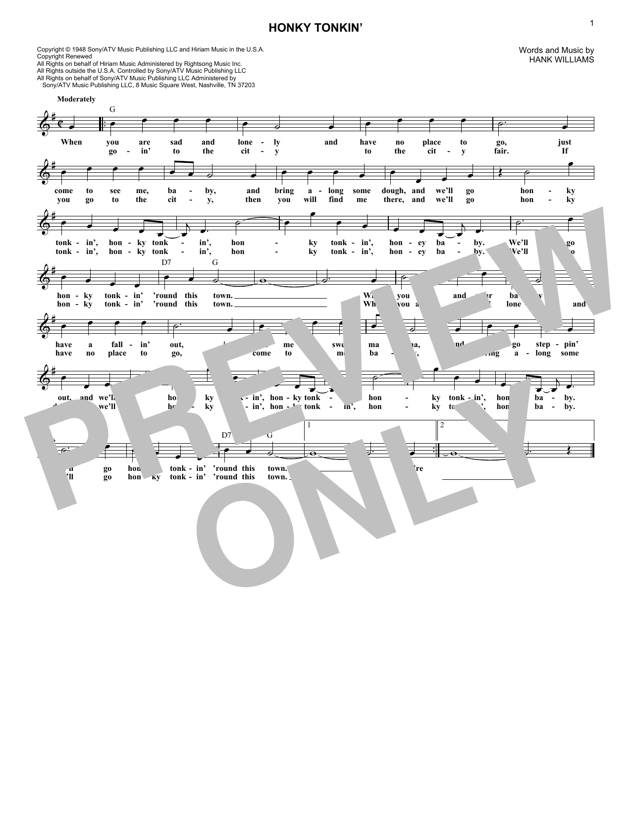 Hank Williams Jr. Honky Tonkin' sheet music notes and chords arranged for Lead Sheet / Fake Book