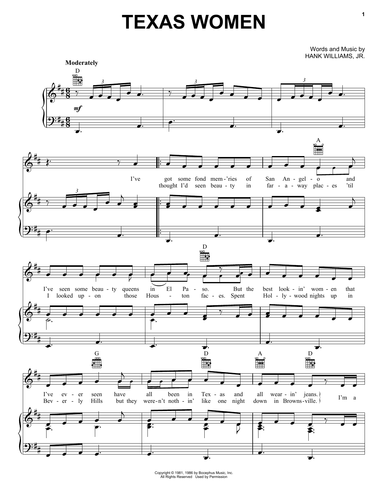 Hank Williams, Jr. Texas Women sheet music notes and chords arranged for Piano, Vocal & Guitar Chords (Right-Hand Melody)