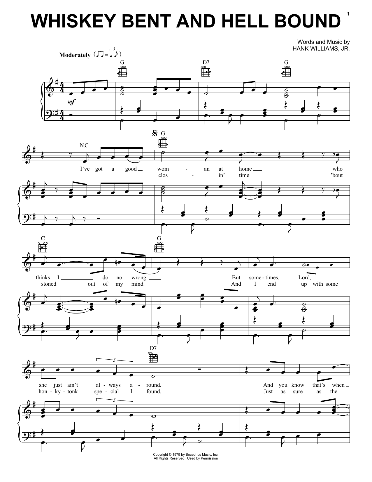 Hank Williams, Jr. Whiskey Bent And Hell Bound sheet music notes and chords arranged for Piano, Vocal & Guitar Chords (Right-Hand Melody)