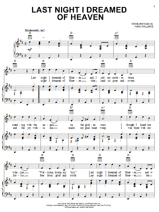 Hank Williams Last Night I Dreamed Of Heaven sheet music notes and chords arranged for Piano, Vocal & Guitar Chords (Right-Hand Melody)