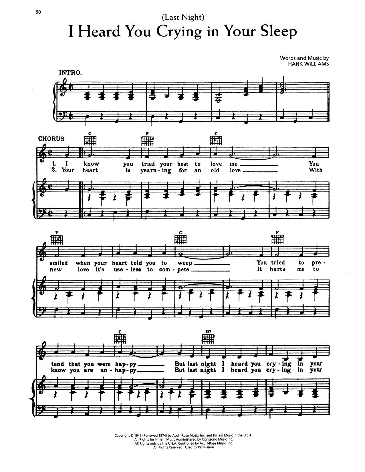Hank Williams (Last Night) I Heard You Crying In Your Sleep sheet music notes and chords arranged for Piano, Vocal & Guitar Chords (Right-Hand Melody)
