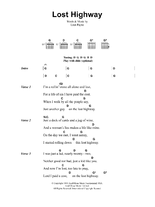 Jeff Buckley Lost Highway sheet music notes and chords arranged for Guitar Chords/Lyrics