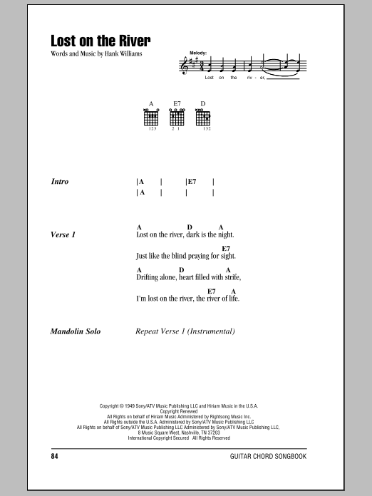 Hank Williams Lost On The River sheet music notes and chords arranged for Guitar Chords/Lyrics