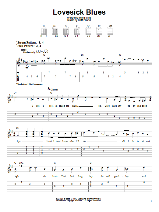 Hank Williams Lovesick Blues sheet music notes and chords arranged for Easy Guitar Tab