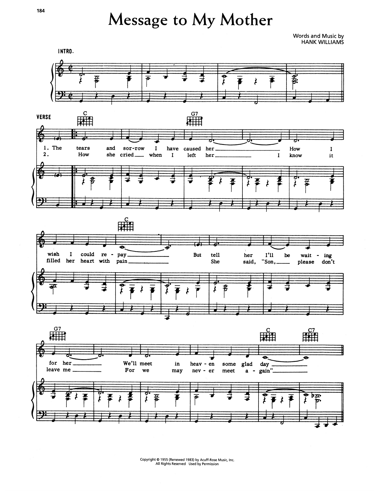 Hank Williams Message To My Mother sheet music notes and chords arranged for Piano, Vocal & Guitar Chords (Right-Hand Melody)