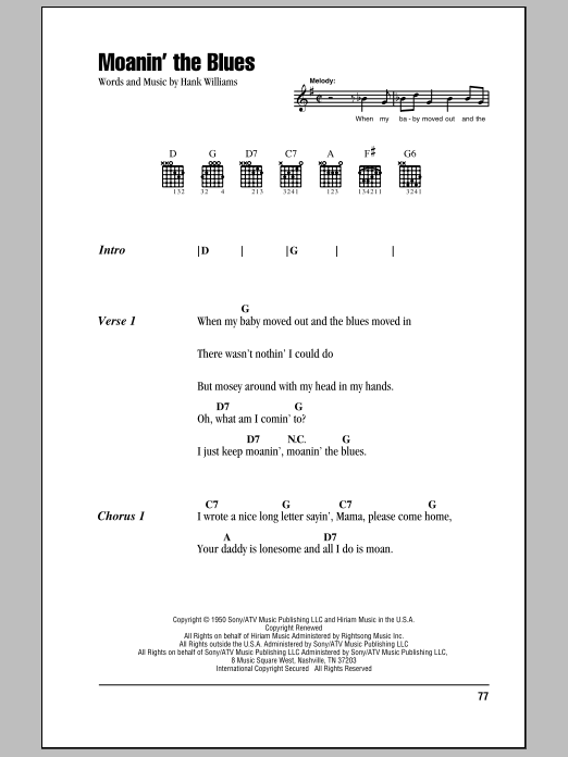 Hank Williams Moanin' The Blues sheet music notes and chords arranged for Guitar Chords/Lyrics