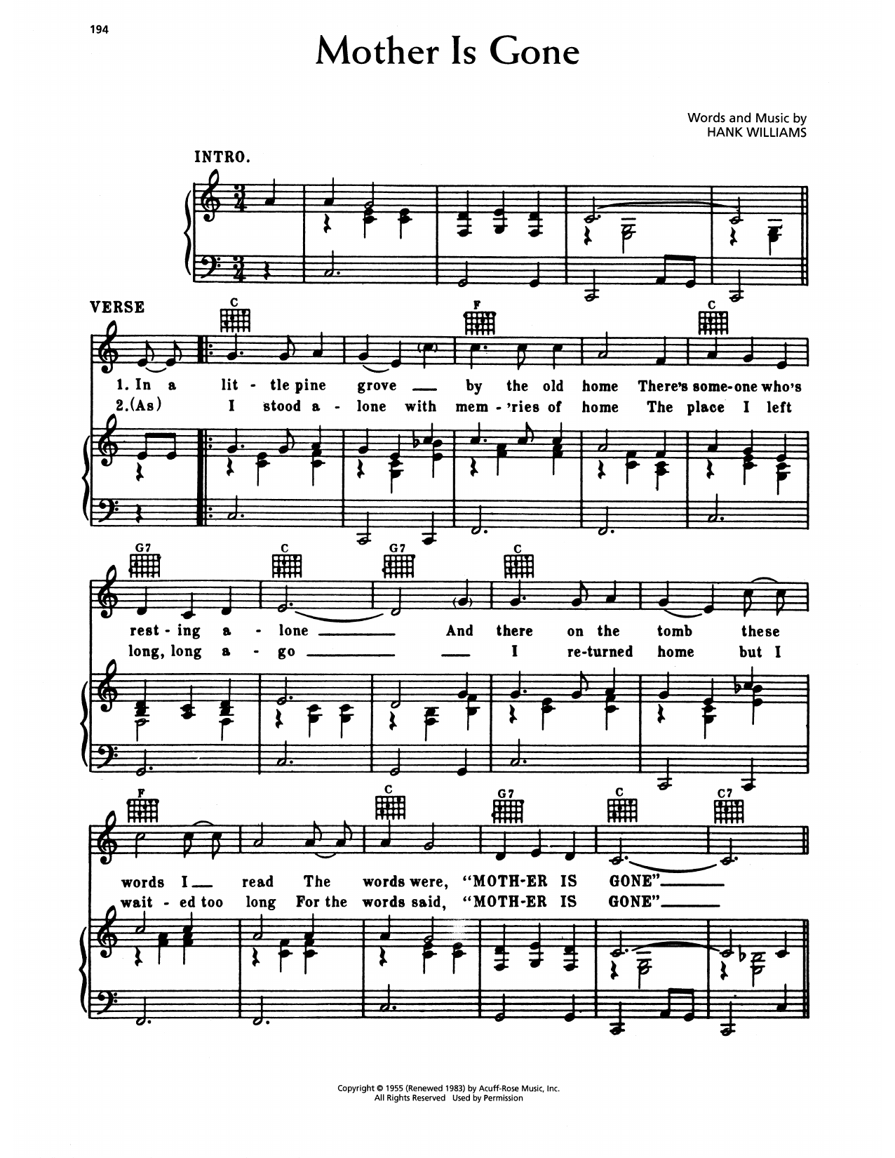 Hank Williams Mother Is Gone sheet music notes and chords arranged for Piano, Vocal & Guitar Chords (Right-Hand Melody)