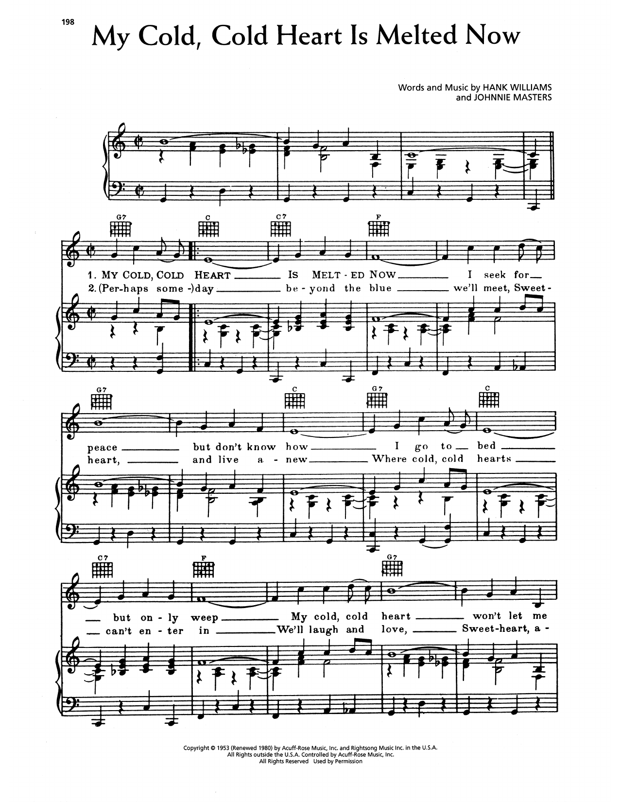 Hank Williams My Cold Cold Heart Is Melted Now sheet music notes and chords arranged for Piano, Vocal & Guitar Chords (Right-Hand Melody)