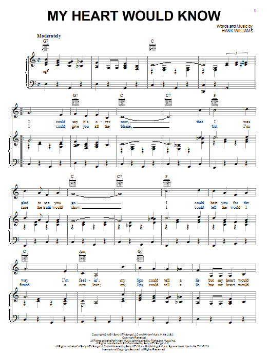 Hank Williams My Heart Would Know sheet music notes and chords arranged for Piano, Vocal & Guitar Chords (Right-Hand Melody)