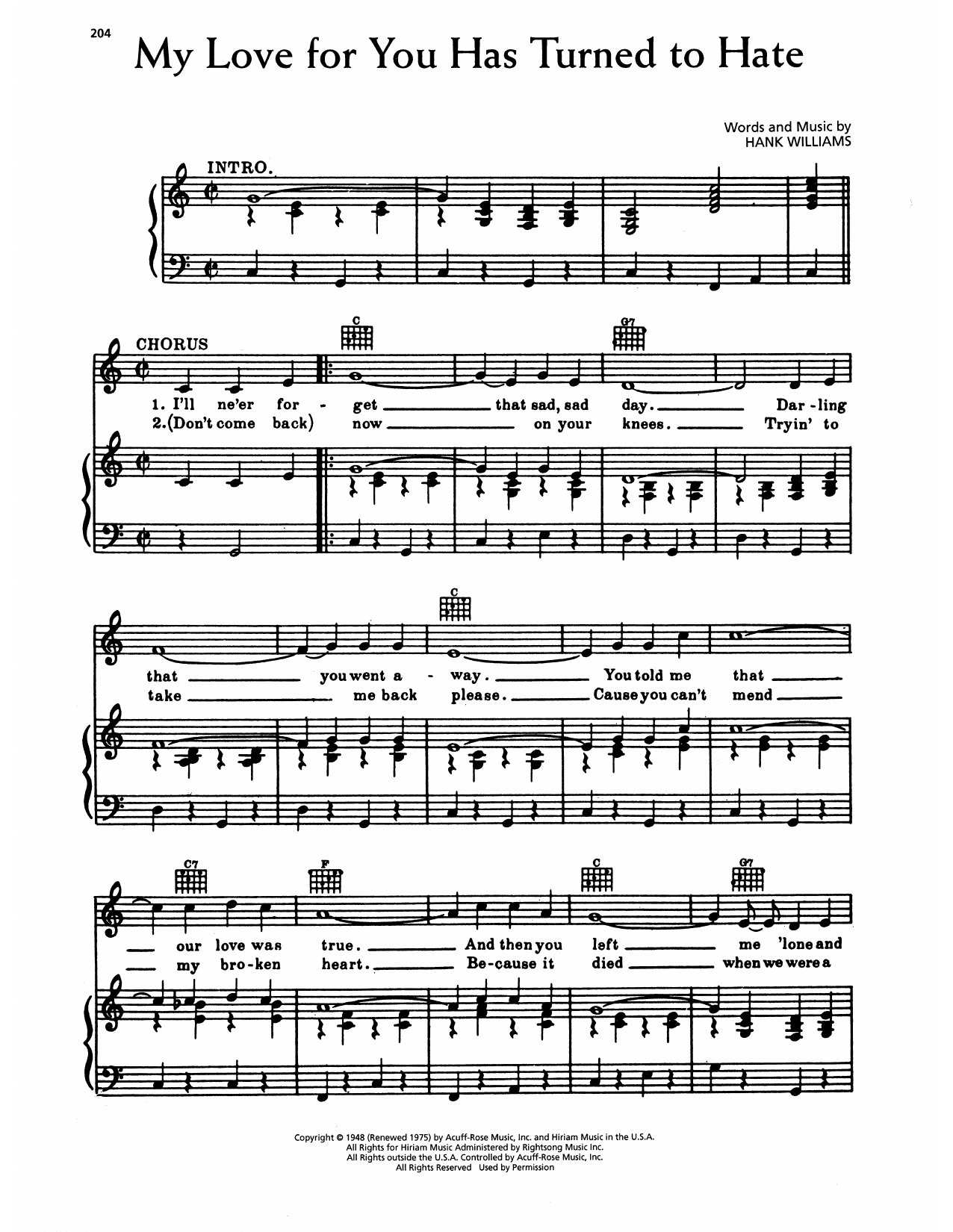 Hank Williams My Love For You Has Turned To Hate sheet music notes and chords arranged for Piano, Vocal & Guitar Chords (Right-Hand Melody)