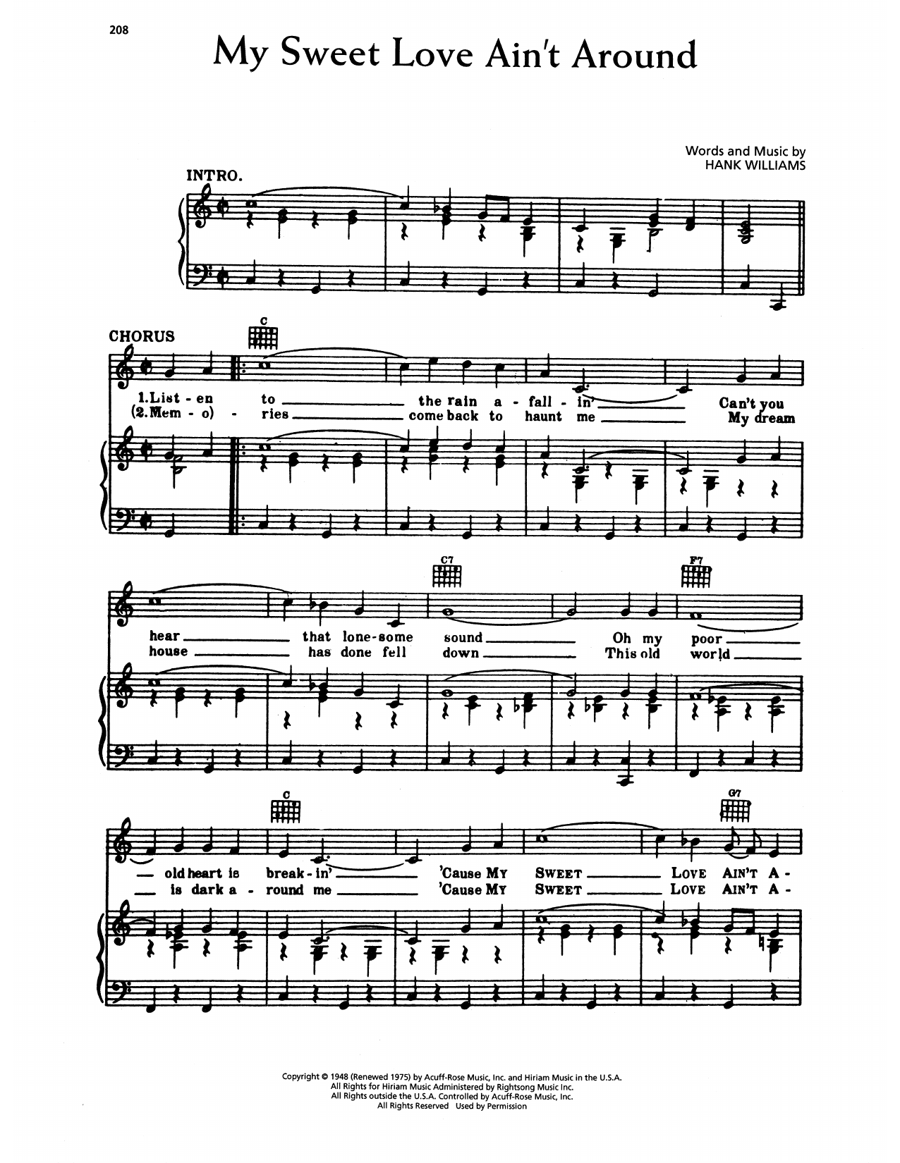 Hank Williams My Sweet Love Ain't Around sheet music notes and chords arranged for Piano, Vocal & Guitar Chords (Right-Hand Melody)