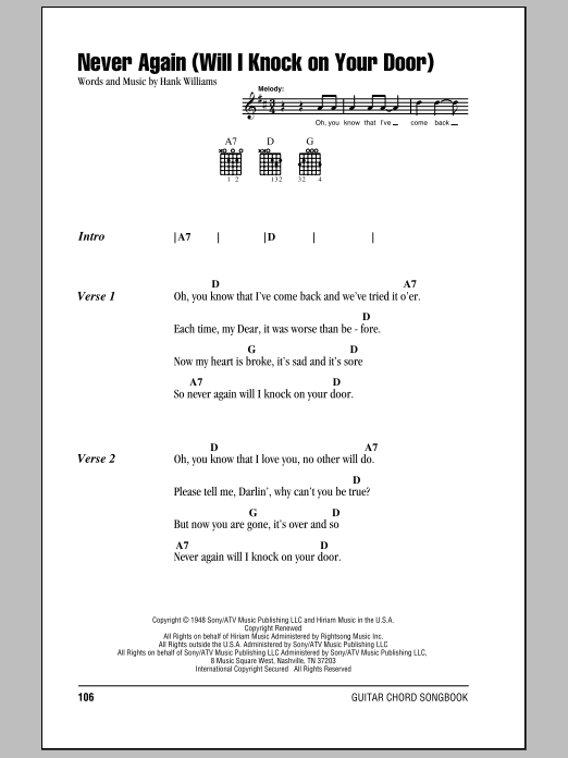 Hank Williams Never Again (Will I Knock On Your Door) sheet music notes and chords arranged for Guitar Chords/Lyrics