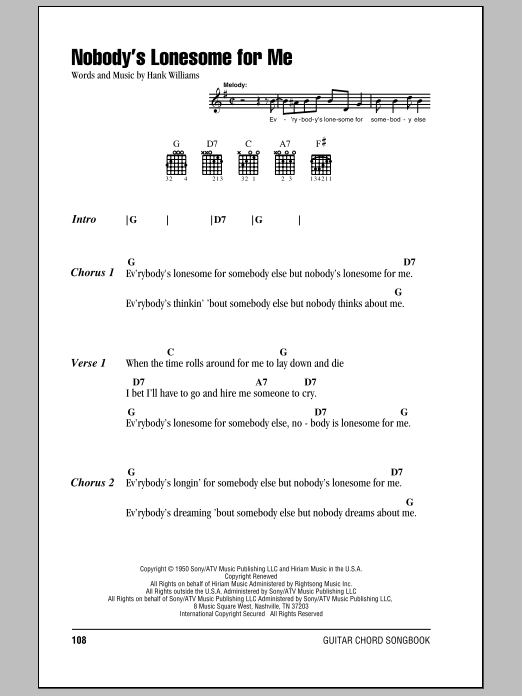 Hank Williams Nobody's Lonesome For Me sheet music notes and chords arranged for Guitar Chords/Lyrics