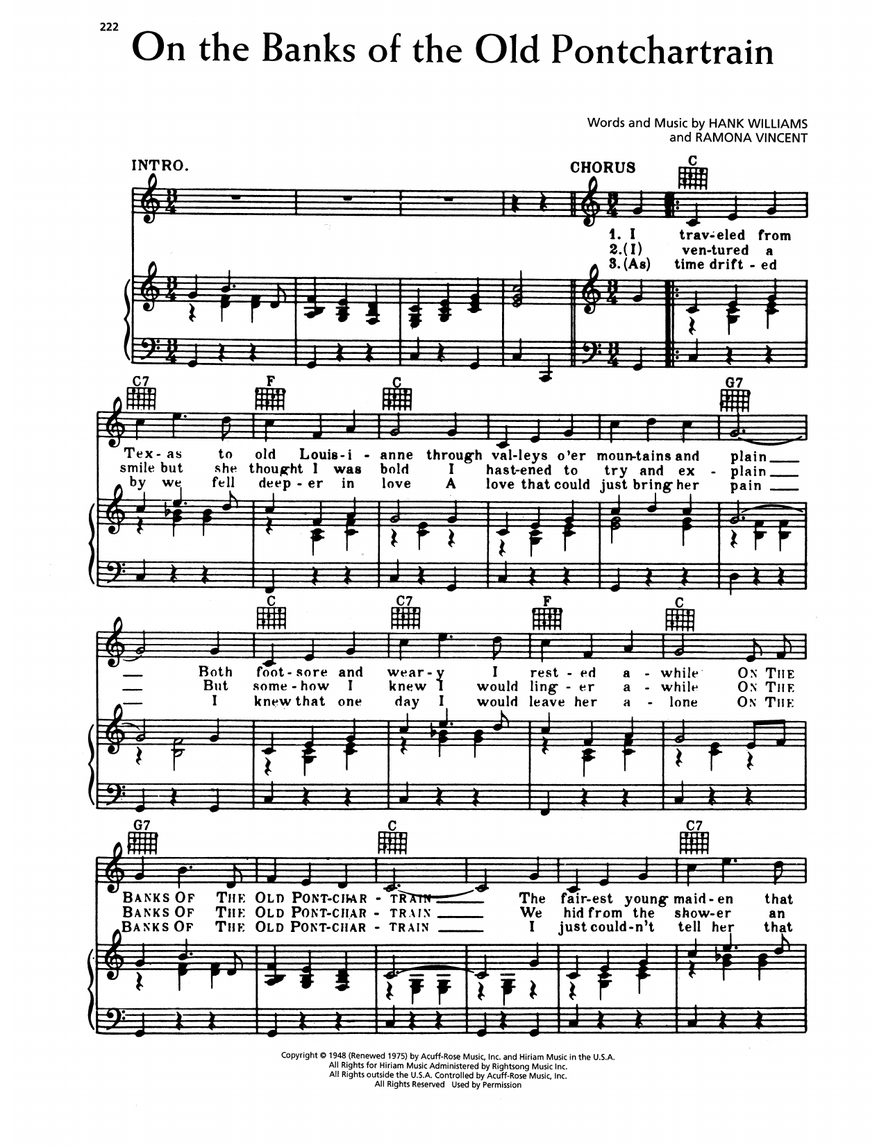 Hank Williams On The Banks Of The Old Pontchartrain sheet music notes and chords arranged for Piano, Vocal & Guitar Chords (Right-Hand Melody)