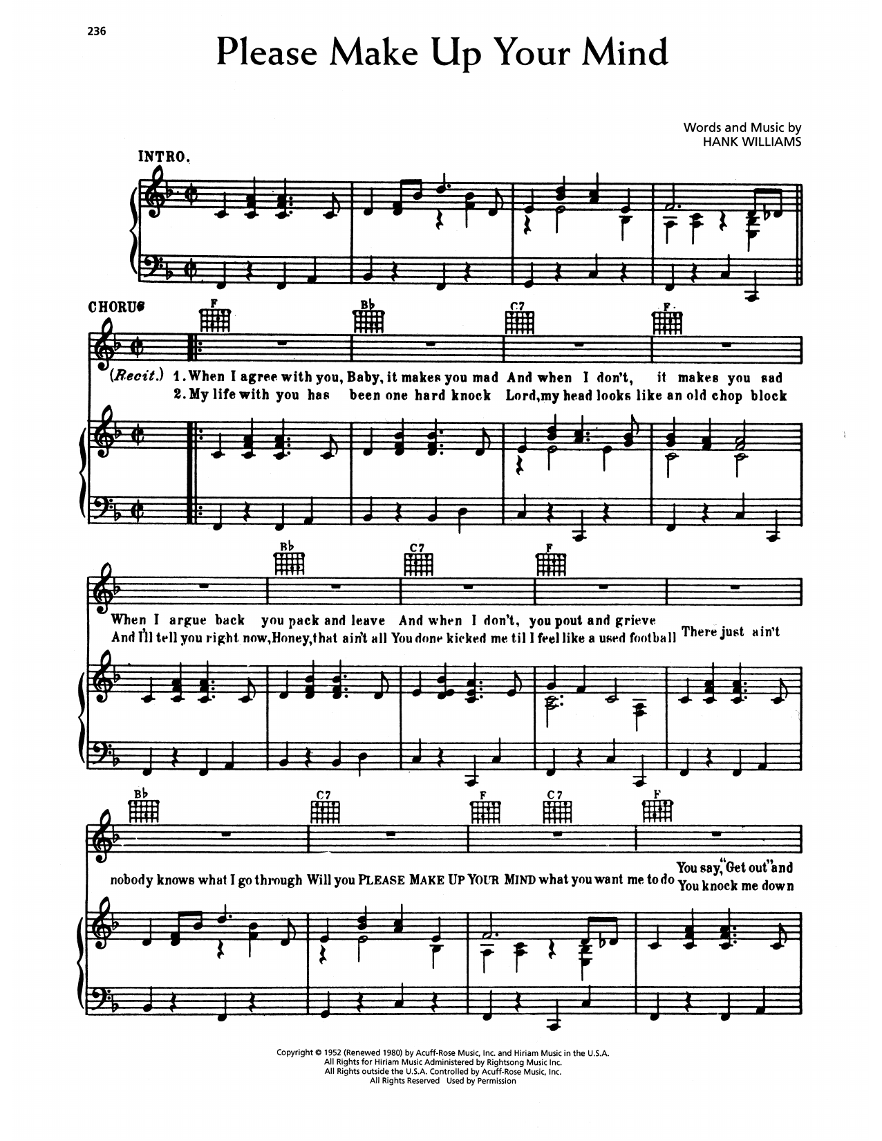 Hank Williams Please Make Up Your Mind sheet music notes and chords arranged for Piano, Vocal & Guitar Chords (Right-Hand Melody)