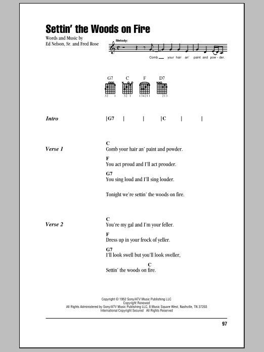 Hank Williams Settin' The Woods On Fire sheet music notes and chords arranged for Guitar Chords/Lyrics