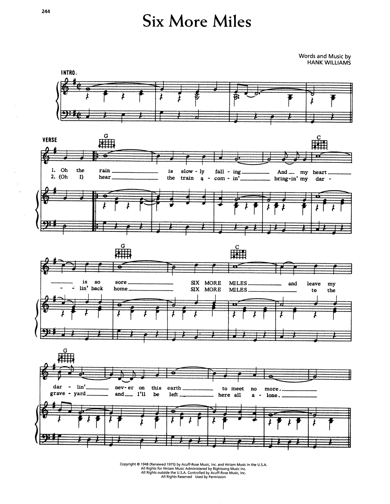 Hank Williams Six More Miles sheet music notes and chords arranged for Piano, Vocal & Guitar Chords (Right-Hand Melody)