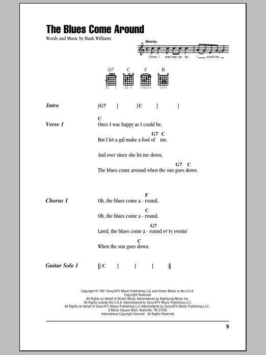 Hank Williams The Blues Come Around sheet music notes and chords arranged for Guitar Chords/Lyrics