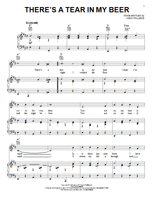 Hank Williams There's A Tear In My Beer sheet music notes and chords arranged for Piano, Vocal & Guitar Chords (Right-Hand Melody)
