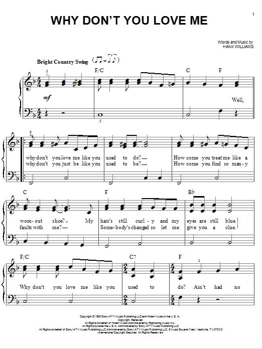 Hank Williams Why Don't You Love Me sheet music notes and chords arranged for Easy Piano