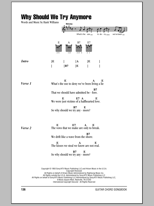 Hank Williams Why Should We Try Anymore sheet music notes and chords arranged for Guitar Chords/Lyrics